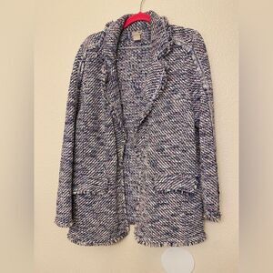 Chico's purple tweed fringe open front blazer cardigan sweater jacket size 2 L